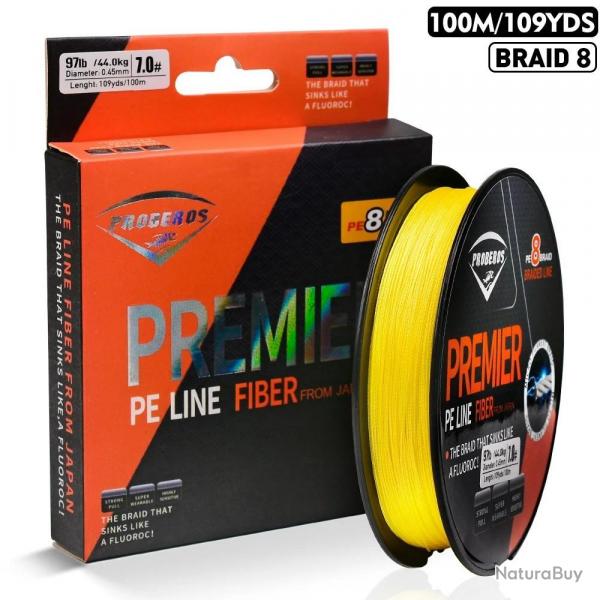 Tresses 8 brins tress ligne de pche 100M ligne PE fil Multifilament Yellow 0.32mm-71lb