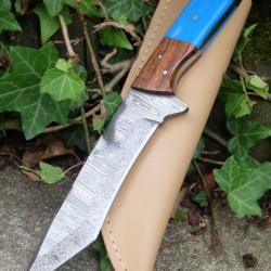 Mini Katana Couteau Tanto Damas Lame 256 Couches Manche Bois/Résine Fabrication Artisanale Etui Cuir