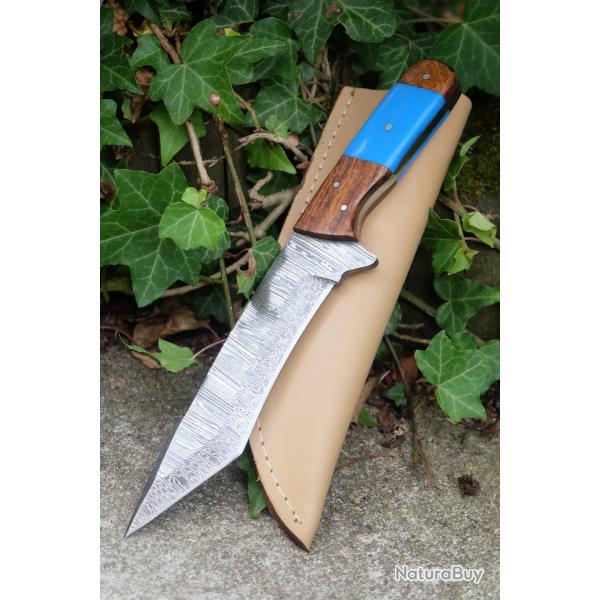 Mini Katana Couteau Tanto Damas Lame 256 Couches Manche Bois/Rsine Fabrication Artisanale Etui Cuir