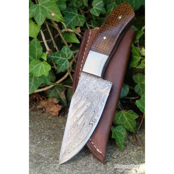 Couteau Skinner Damas Lame Drop Point Acier 256 Couches Manche Micarta/Acier Etui Cuir F Artisanale