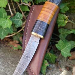 Puukko Couteau Damas Lame 256 Couches Manche 2 Bois Fabric Artisanale Etui Cuir Nordic Style 001