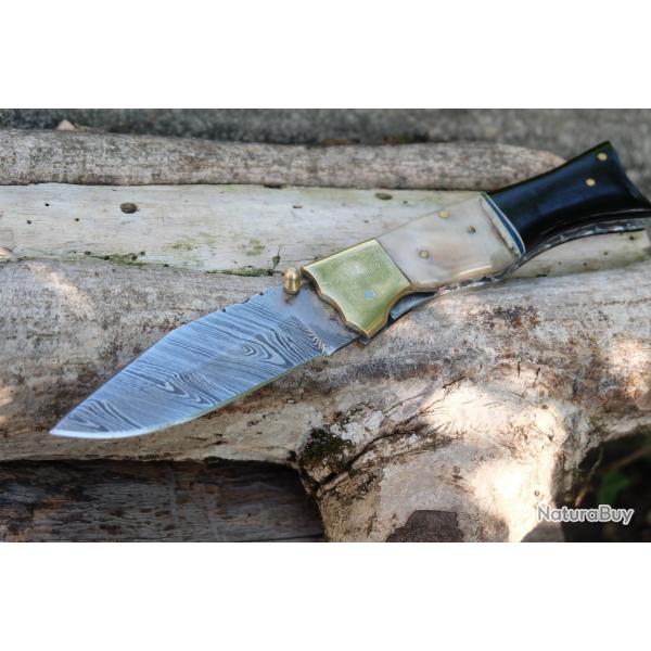 Beau Couteau Lame 128 Couches Acier Damas Manche Poisson Blier & Rsine Fab Artisanale Linerlock