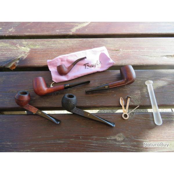 Ensemble de 5 pipes vintage, avec tui en tissu, cure-pipe & bourre pipe - FRANCE (XX)