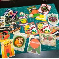 LOT DE 18 ETIQUETTES DE SIROPS, FRAISE, CASSIS, GROSEILLES, ORANGE....