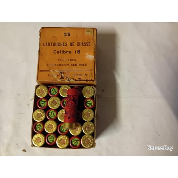 Rare bote de 25 cartouches anciennes de la Cartoucherie Nationale  cal16 douilles cartons