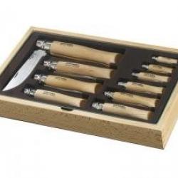 Ramasse-monnaie bois, 10 couteaux OPINEL n° 2I au n° 5I et du n° 6VRI au n° 12VRI lame inox