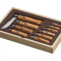 Ramasse-monnaie bois, 10 couteaux OPINEL n° 2 au n° 5 et du n° 6VRN au n° 12VRN lame acier carbone