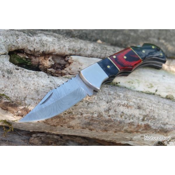Couteau Lame Damas 128 Couches Manche 2 Bois Faon Buck 112 Fabrication Artisanale Lockback