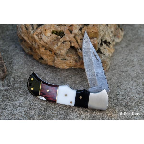 Couteau Lame Damas 128 Couches Manche Bois/Rsine Faon Buck 112 Fabrication Artisanale Lockback