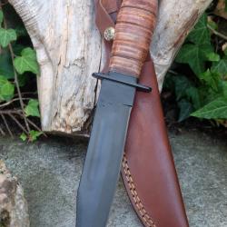 Couteau Tactical Marines Combat Lame Acier 3Cr13 Black Manche Cuir Etui Cuir Pommeau Métal