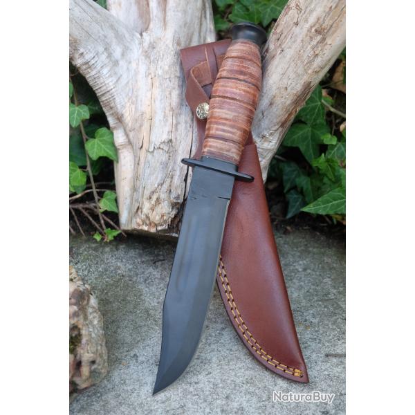 Couteau Tactical Marines Combat Lame Acier 3Cr13 Black Manche Cuir Etui Cuir Pommeau Mtal
