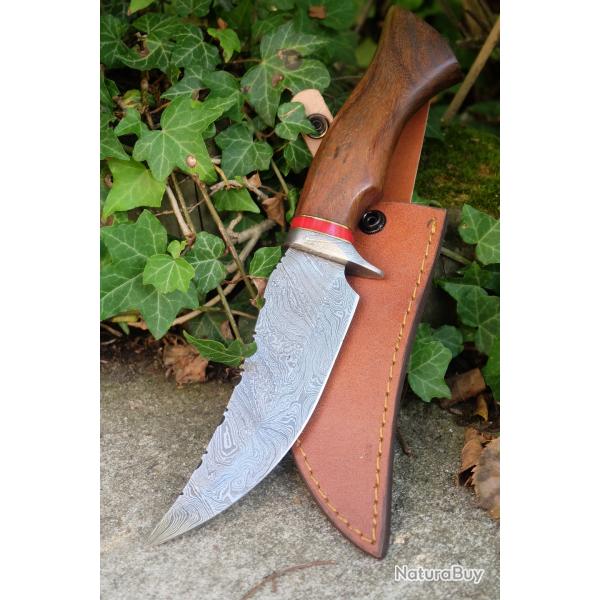 Couteau Scimitar Lame Acier Damas 256 Couches Manche Bois Garde Damas Etui Cuir Fabric Artisanale