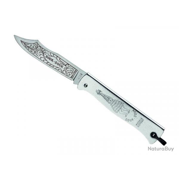 Couteau  DOUK-DOUK , lame acier inox Z70CD15 forge et grave, manche 9 cm mtal chrom sur nickel