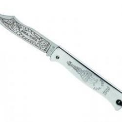 Couteau DOUK-DOUK lame acier inox Z70CD15 forgée et gravée, manche 11 cm métal chromé sur nickel
