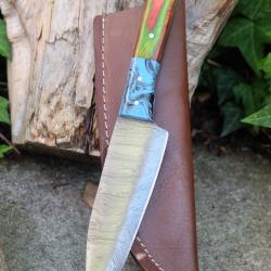 Couteau De Cuisine & Rando Lame Acier Damas 256 Couches Manche Bois Etui Simili Fabric Artisanale
