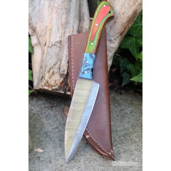 Couteau De Cuisine & Rando Lame Acier Damas 256 Couches Manche Bois Etui Simili Fabric Artisanale