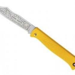 Couteau DOUK-DOUK lame acier inox Z70CD15 forgée et gravée, manche 11 cm métal jaune chromé