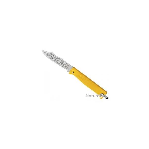 Couteau DOUK-DOUK lame acier inox Z70CD15 forge et grave, manche 11 cm mtal jaune chrom