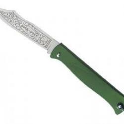 Couteau DOUK-DOUK lame acier inox Z70CD15 forgée et gravée, manche 11 cm métal vert chromé