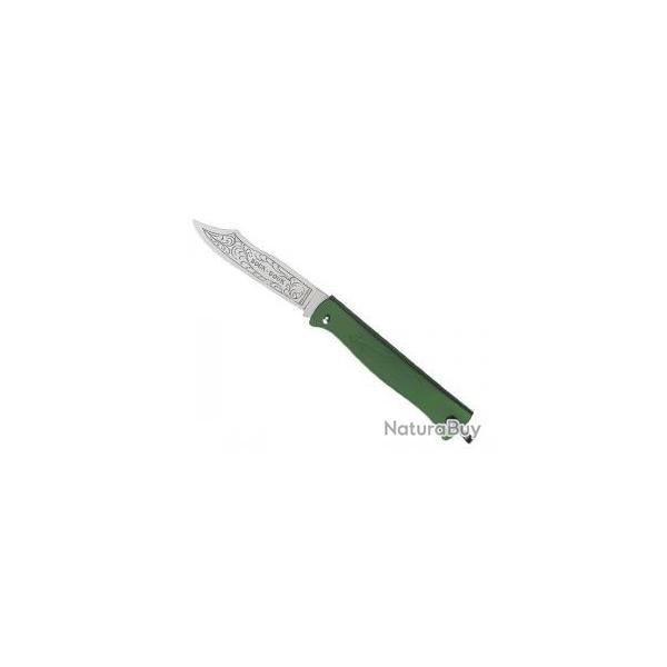 Couteau DOUK-DOUK lame acier inox Z70CD15 forge et grave, manche 11 cm mtal vert chrom