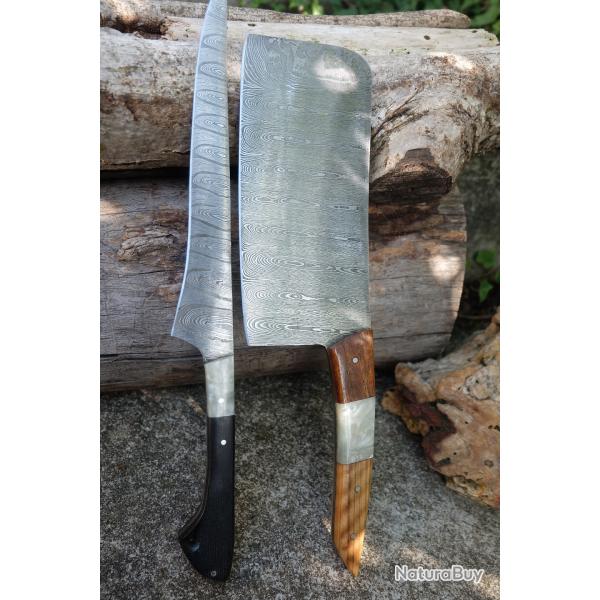 Lot de 2 Couteau : Couperet Style Japonais Kiritsuke Damas Lame 256 Couches Manche Bois Artisanale B