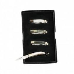 Coffret 4 canifs bijou HERBERTZ, lame acier 420, manche 3,5 cm, décors nacrés assortis, avec anneau.