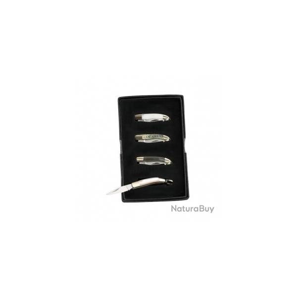 Coffret 4 canifs bijou HERBERTZ, lame acier 420, manche 3,5 cm, dcors nacrs assortis, avec anneau.
