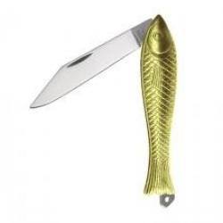 Couteau MIKOV, lame acier inox 420, manche 8 cm motif poisson zinc doré