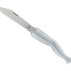 Couteau MIKOV, lame acier inox 420, manche 7,5 cm motif jambe zinc argenté.