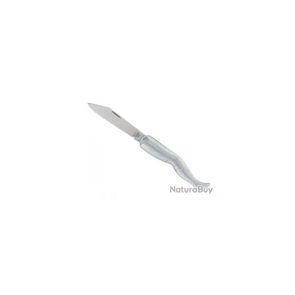 Couteau MIKOV, lame acier inox 420, manche 7,5 cm motif jambe zinc argent.