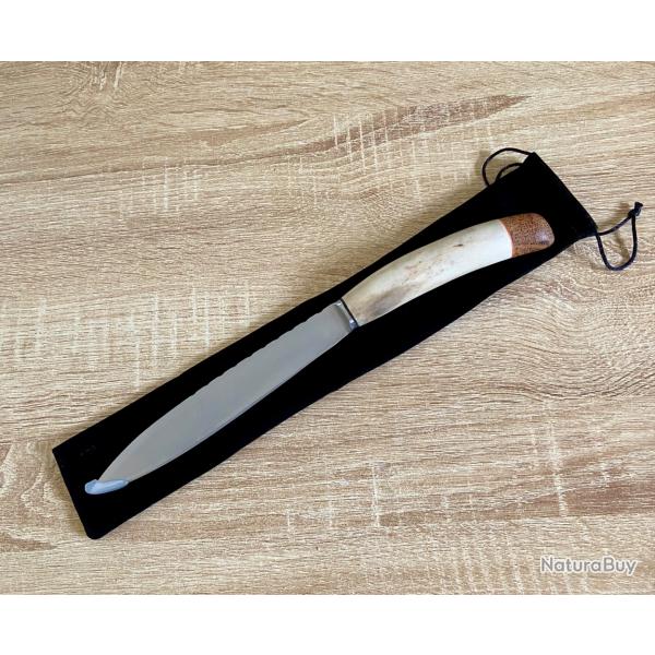 Couteau fixe cuisine artisanal Bois de cerf et palmier rouge. Inox forg