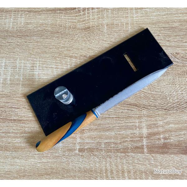 Couteau grand office fixe cuisine artisanal Bois de Garapa et rsine bleu. Inox forg guilloch
