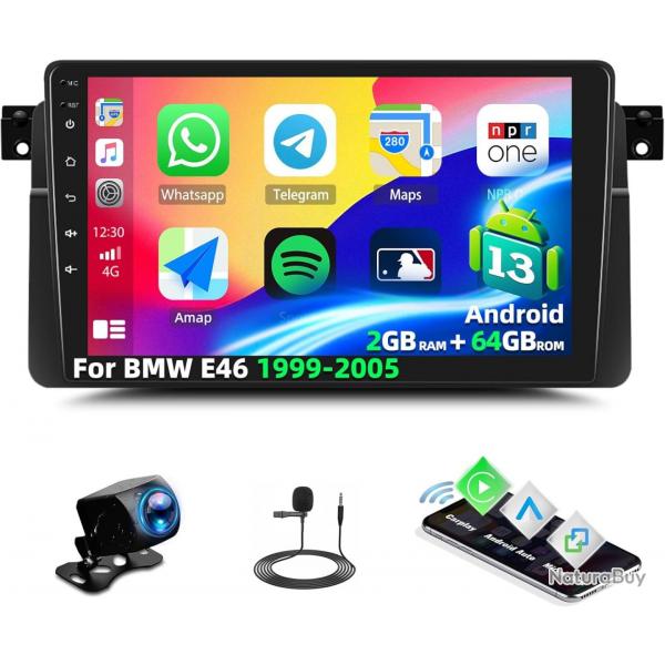 Autoradio Android 2G+64G 13 pour BMW E46 1999-2005 Carplay et Android Auto Bluetooth cran Tactile 9