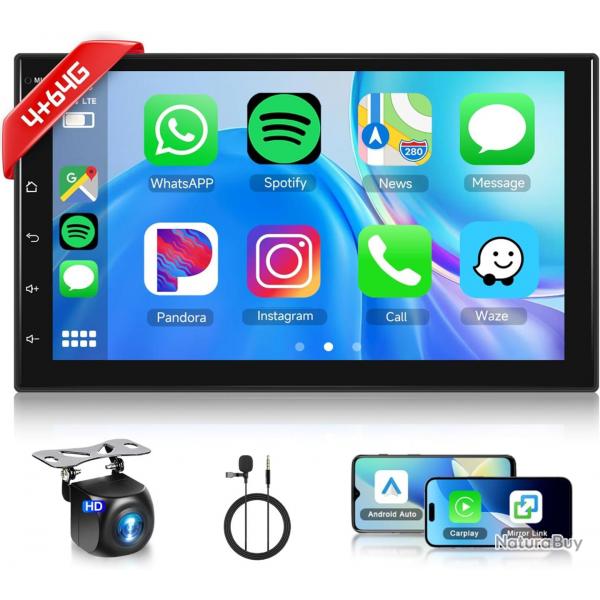 Autoradio 2 Din 4G+64G 7 Pouces Android, cran Tactile Carplay sans Fil 2 Din Autoradio avec Android
