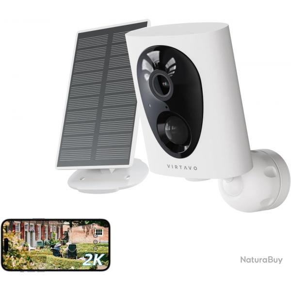 Camra Surveillance WiFi Extrieure sans Fil 2K Batterie avec Panneau Solaire Intgr, tanche, PIR