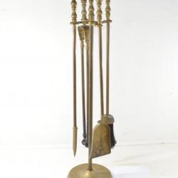 Lot d'outils de cheminée / tisonnier serviteur de cheminée 4 pièces laiton massif vintage déco 1960