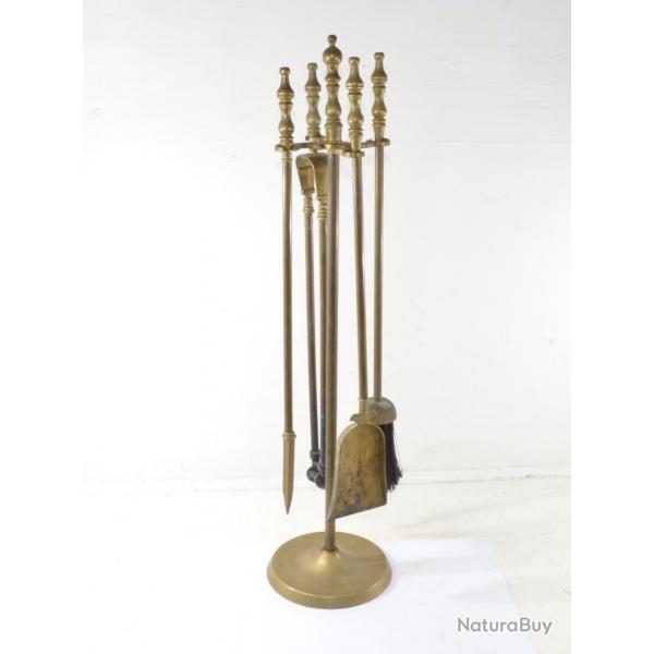 Lot d'outils de chemine / tisonnier serviteur de chemine 4 pices laiton massif vintage dco 1960
