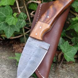 Couteau Dent de Tyrannosaure Damas Lame Acier 256 Couches Manche Bois Etui Cuir Fabricat Artisanale