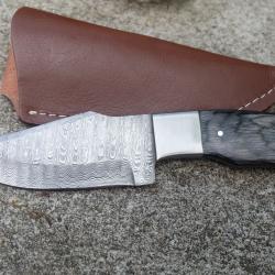 Couteau Skinner Damas Lame Drop Point Acier 256 Couches Manche Bois/Acier Etui Cuir Fabr Artisanat