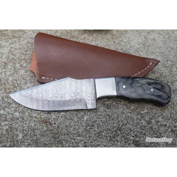Couteau Skinner Damas Lame Drop Point Acier 256 Couches Manche Bois/Acier Etui Cuir Fabr Artisanat