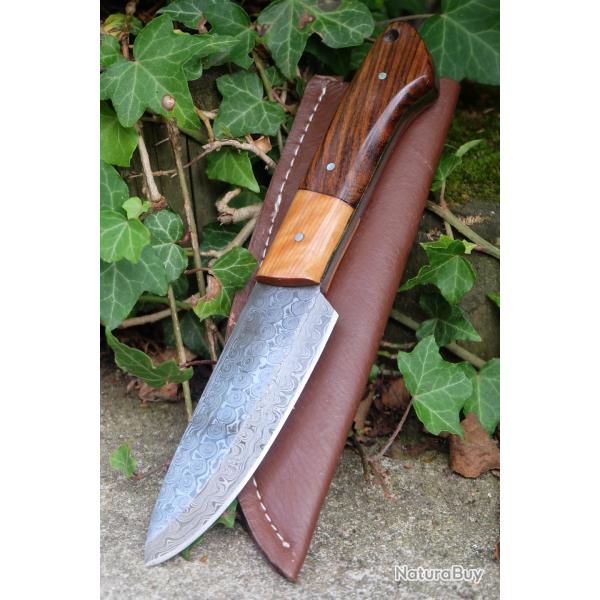 Couteau Skinner Damas Lame Drop Point Acier 256 Couches Manche 2 Bois Etui Cuir Fabric Artisanale