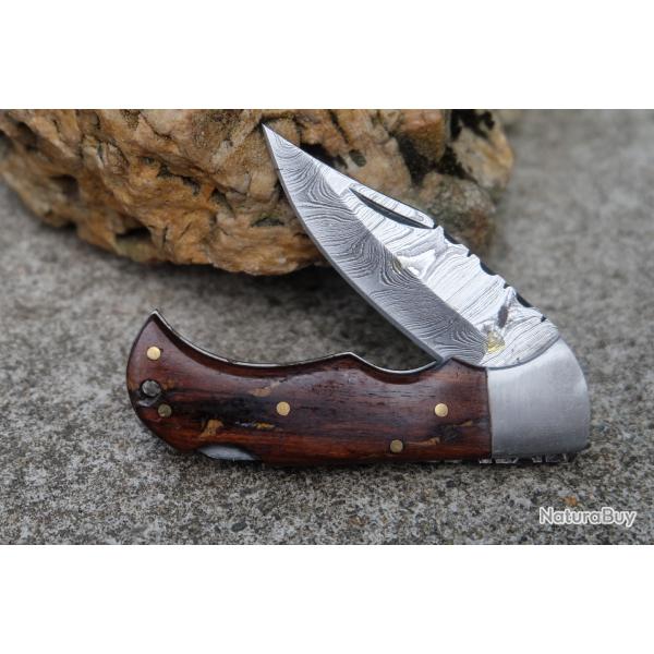 Couteau Lame Damas 128 Couches Manche Bois Rosewood Faon Buck 112 Fabrication Artisanale Lockback