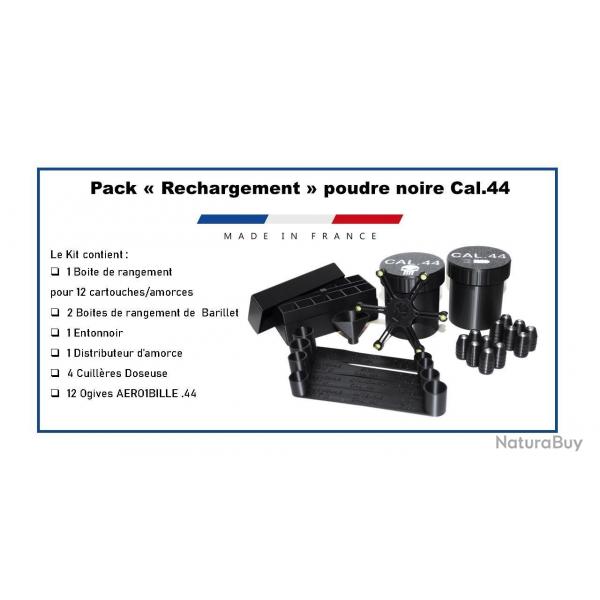 Lot de 4 - Pack rangement cal. 44 bote pour barillet, cartouches, 4 cuillres doseuses poudre noire
