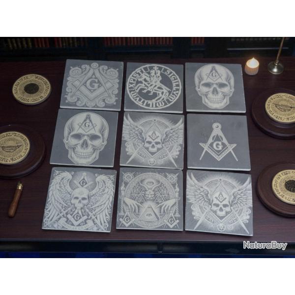 lot de 9 dessous de verre en ardoise : sceau maconnique templiers - franc-maconnerie tete de mort