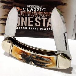 Couteau Rough Ryder Bow Canoe Cinnamon Bone Stag 2 Lames Acier Carbone Manche Corne de Daim RR2428