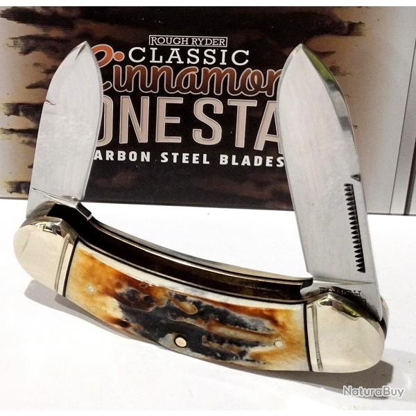 Couteau Rough Ryder Bow Canoe Cinnamon Bone Stag 2 Lames Acier Carbone Manche Corne de Daim RR2428