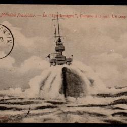CPA - Marine Militaire Française - " Charlemagne " Cuirasse a la Mer Un coup de Tabac  - N°3028
