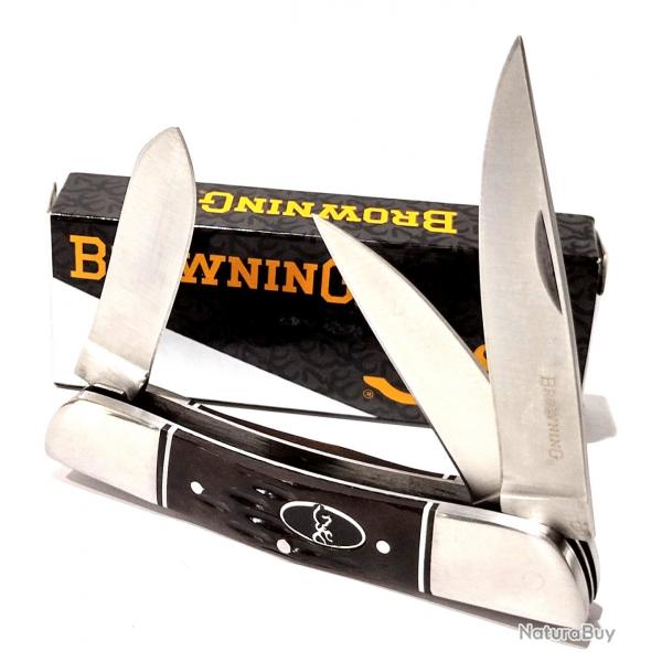 Couteau Pliant Browning Triple Edge Traditional Lames Acier Inox Poigne Os Slipjoint BR0159