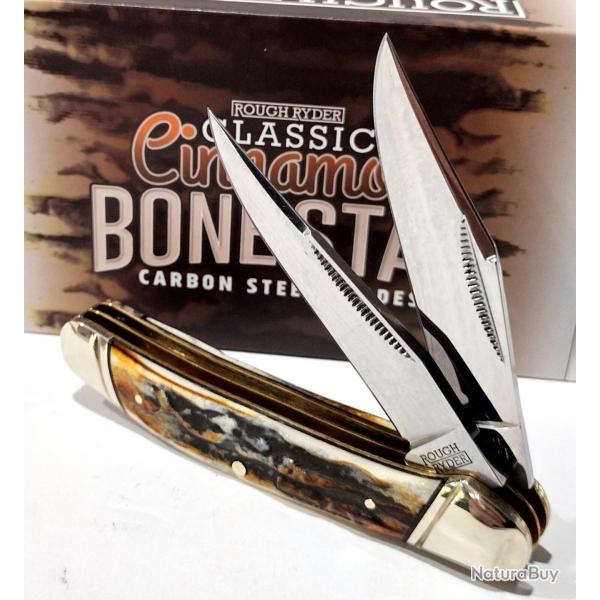 Couteau Rough Ryder Classic Cinnamon Bone Stag Lames Acier Carbone Manche Os de Daim Slip RR2422