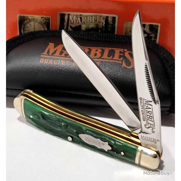 Couteau Marbles Green Stag Bone Trapper Lames en Acier 440 Poigne en Os Vert Slipjoint MR189
